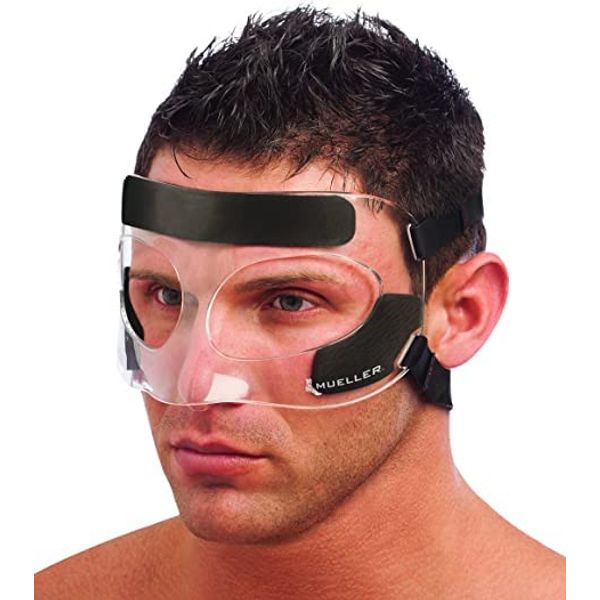 Mueller Sports Medicine Face Guard, Nose Guard for Sports, Adjustable Face Mask with Foam Padding for Men and Women, One Size, Clear