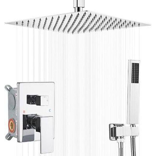 12 Inch Ceiling Mount ‎Polished Chrome Shower System Bathroom Luxury Rain Mixer