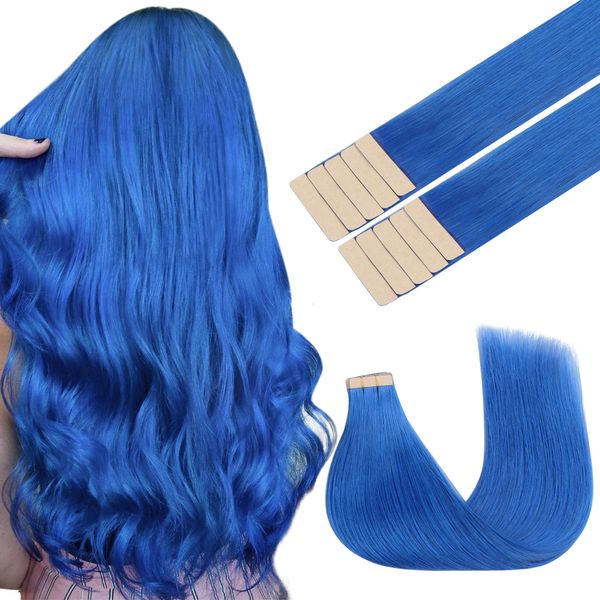 GOO GOO Tape in Hair Extensions Echthaar, Blue 10pcs 25g 35cm, Farbige Tape ins Echthaar Extensions, Silky&Soft Invisible Tape Ins, Straight Remy Hair Highlighted for Party