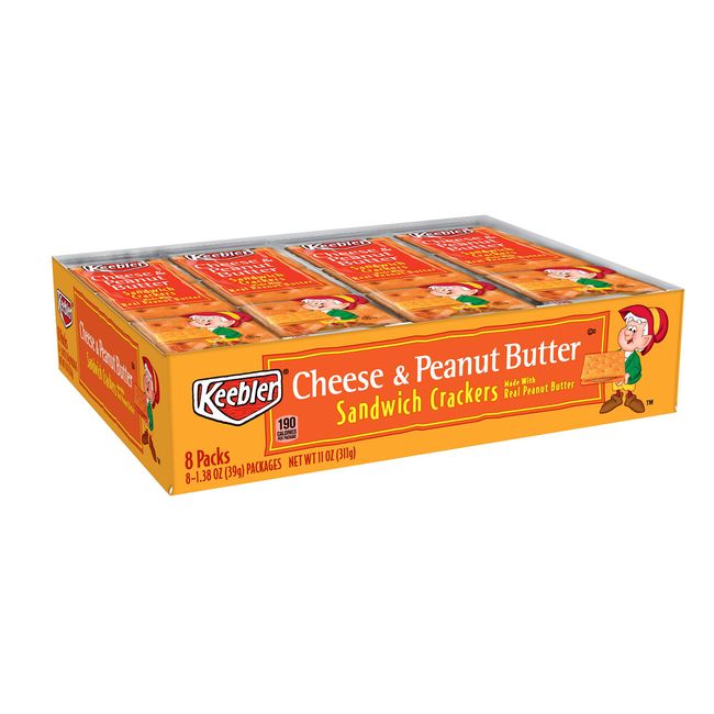 Keebler Sandwich Crackers, Single Serve Snack Crackers, Office and Kids Snacks, Cheese and Peanut Butter, 11oz Tray (8 Packs)