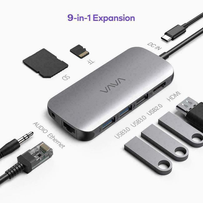VAVA USB-C Hub 9-in-1 Adapter with 4K HDMI Adapter 100W PD Charging USB 3.0 FAST