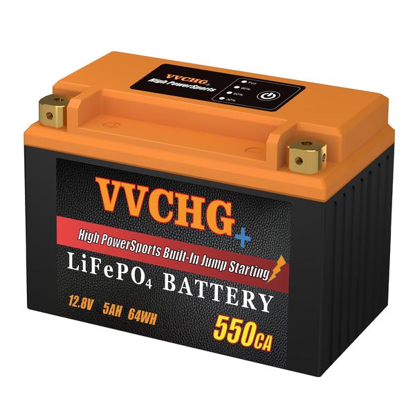 VVCHG+ Motorcycle Battery 12V LiFePO4 with Smart BMS, YTX7A-BS/YTX9-BS/YT12A-BS/YTZ14S-BS for ATV, UTV, JetSki, 4 Wheeler, Mowers, Tractor, Scooter, Motorboat, Generator Lithium Battery (5AH)