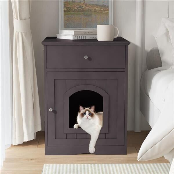 Wooden Pet House Cat Litter Box Enclosure with Drawer Outdoor Cat House Shelter