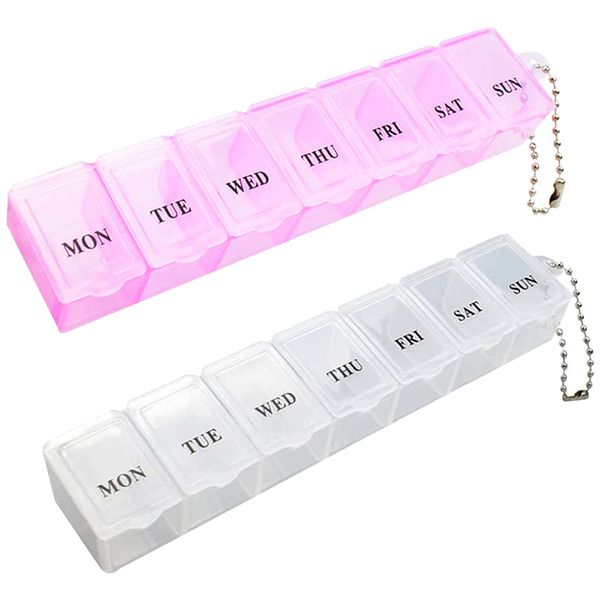 2 Stück Pillendose, tragbarer Pillen-Organizer Reise-Tabletten-Box 7 Tage Tablet-Organizer mit Fächern für Medikamente, Nahrungsergänzungsmittel, Vitamine und Lebertran (Rosa und Weiß)