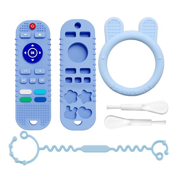 5PCS Soft Silicone Baby Teether Set, Teether Chew Toys for Infant Toddlers, Remote Control Shape, Ring Teething Toy with One Pacifier Clip & Two Cleaning Brush Blue