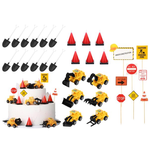 Sratte 40 Pcs Construction Cake Toppers Vehicles Cake Decoration Set Includes 6 Construction Truck Cake Toppers, 6 Cone Shaped Molded Candles, 12 Plastic Shovel Shape Spoons, 16 Road Sign for Birthday