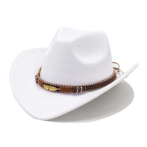 ZZLBUF Adults Cowboy Hat - Felt Cowboy/Cowgirl Hat with Hatband Metal Feather - Fancy Dress Costume Accessory (White, One Size)