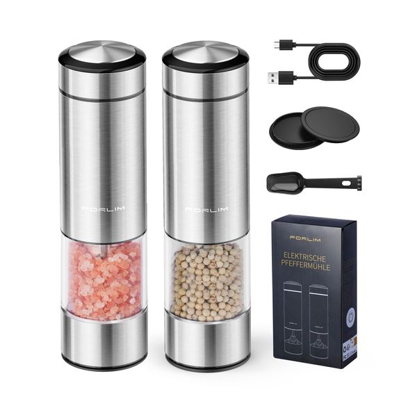 FORLIM Electric Salt and Pepper Grinder Set, USB Rechargeable Automatic Salt Pepper Mill Grinder, One-Handed Operation, Refillable with Light, Adjustable Coarseness, Stainless Steel, 2 Pack (Silver)