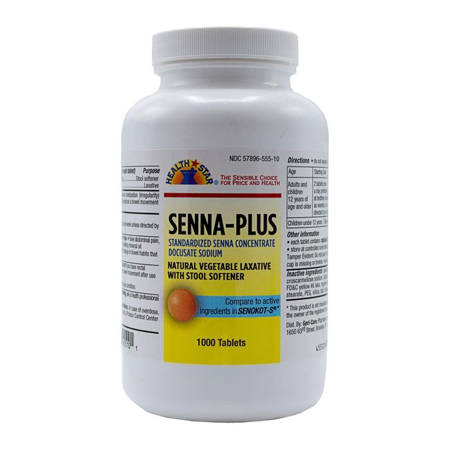 Health Star Senna Plus Laxative Tablets, 50 mg / 8.6 mg Strength, Docusate Sodium / Sennosides (1,000 Tablets)