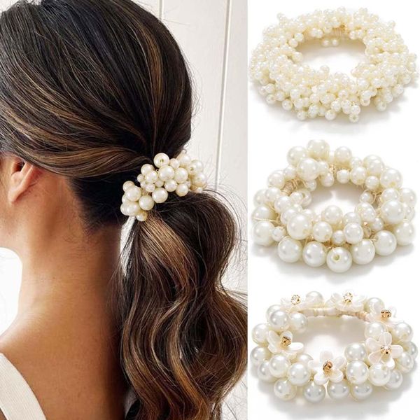 Reaky Pearl Hair Ties Rhinestone Ponytail Holder 3 Pcs Flower Hair Scrunchies Beaded Elastic Hairband Hair Accessories for Women (A)