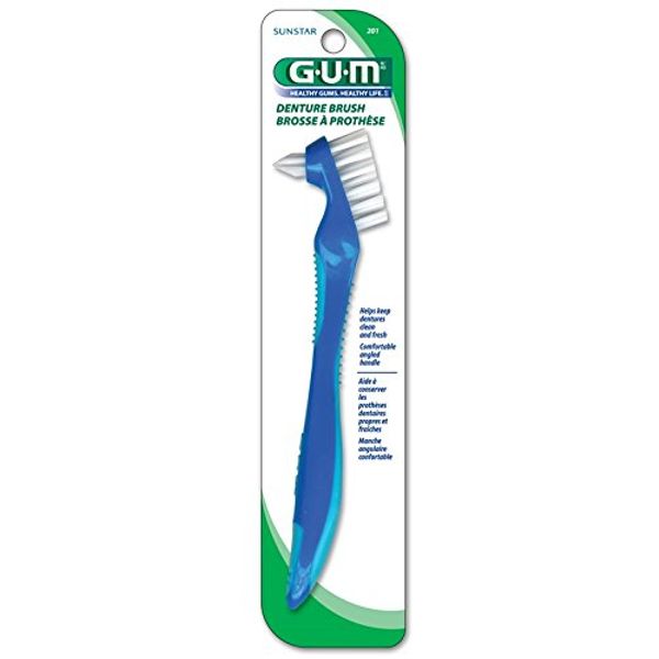 GUM Denture Brush - Dual Headed Hard Bristle Toothbrush for Dentures & Acrylic Retainers - Dentist Recommended Denture Cleaner (Pack of 1)