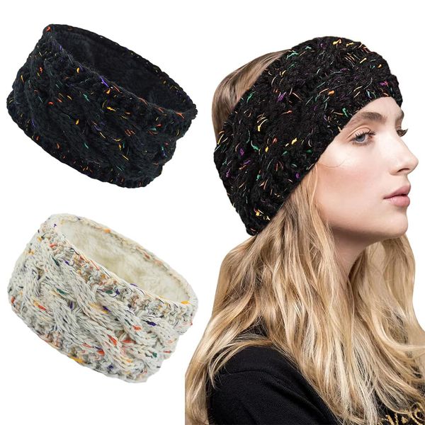 2 Stück Stirnband Damen Winter Haarband Ohrenwärmer Elastische, Haarbänder Verdicken Headwrap Kopfband Gestrickt Stirnbänder Verdicken Frauen Haarbänder Häkelarbeit Elastische Plüsch Sport Skifahren