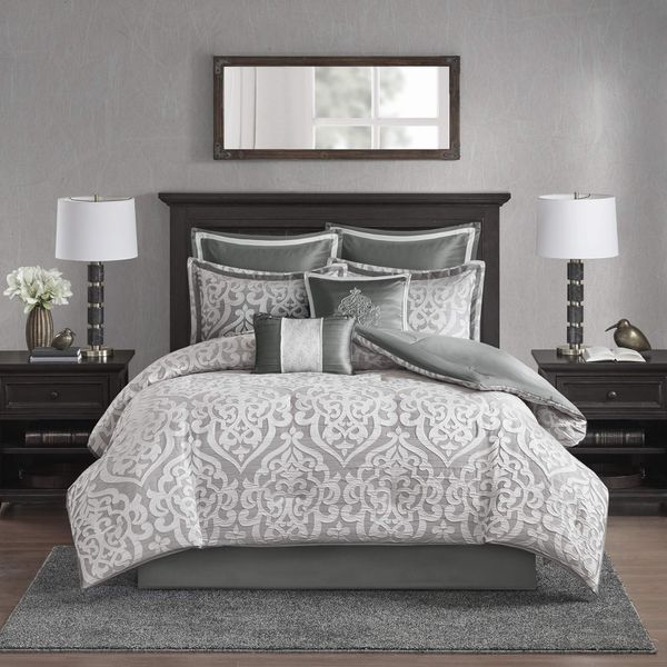 Madison Park Odette Cozy Comforter Set Jacquard Damask Medallion Design - Modern All Season, Down Alternative Bedding, Shams, Decorative Pillows, King(104 in x 92 in), Silver 8 Piece