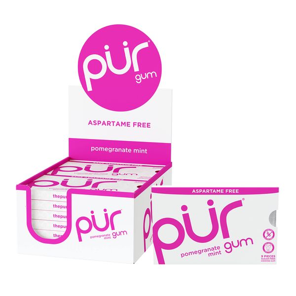 PUR Gum | Aspartame Free Chewing Gum | 100% Xylitol | Natural Pomegranate Mint Flavored Gum, 9 Pieces (Pack of 12)