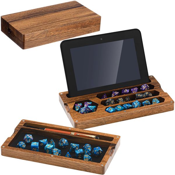 Briwooody Walnut Dice Box 4.8 x 9 Inch Handmade Dice Tray for Rolling with Dice Storage Phone Tablet Stand Magnetic Lock Secures Lid Portable Dice Roll Tray for Tabletop RPG Board Games DND Gift