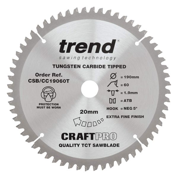 Trend CraftPro TCT Negative Hook Thin Kerf Cross-Cutting Mitre Saw Blade, 190mm Diameter, 20mm Bore, 60 Teeth, 1.9mm Kerf, -5° Hook, CSB/CC19060T