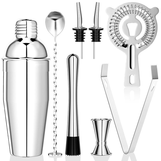 Newaner 750 ML cocktail set, 8 stück edelstahl shaker mixer, professionelle barkeeper zubehör, mit shaker, doppel messbecher, löffel, Pourer, zum mischen von getränken, zuhause, bar, party (Silber)