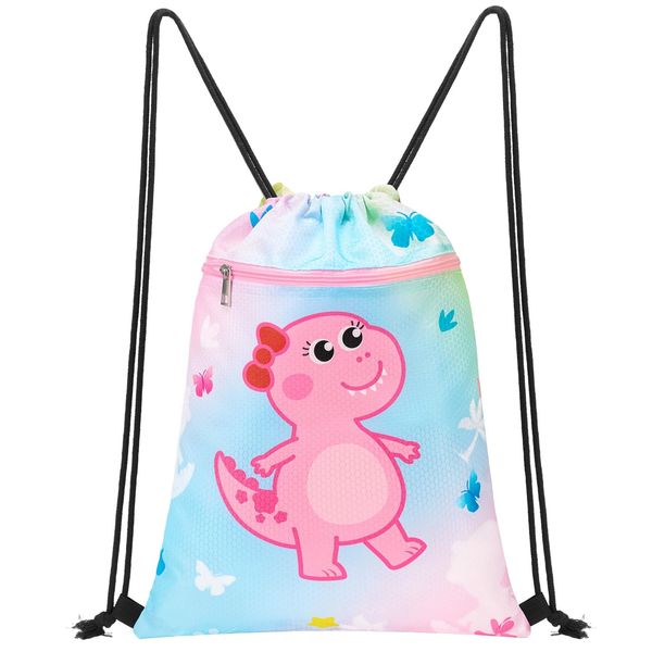 WAWSAM Kids Drawstring Backpack - Dinosaur String Backpack for Girls Gym Bag Waterproof Lightweight Drawstring Bag Beach Travel Yoga Swim Sackpack with Zipper Pocket Sports Bag for Kids