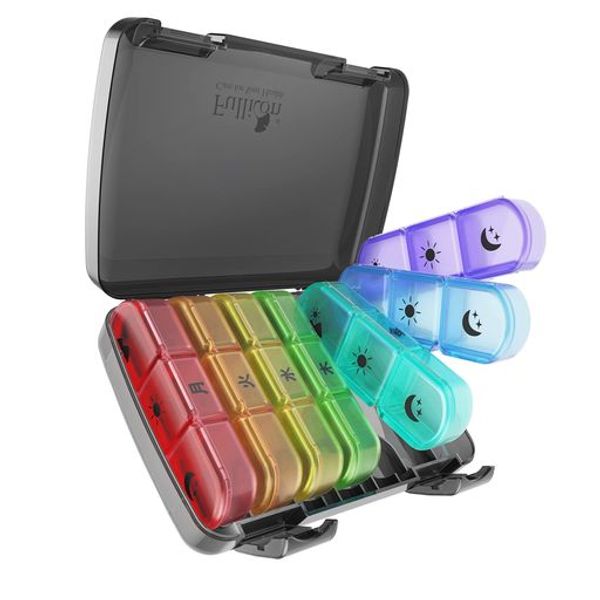 FULLICON 1 week 3 times a day pill case morning noon and night medicine case portable pill case portable medicine case supplement case supplement case &quot;Trio&quot; (black/rainbow)