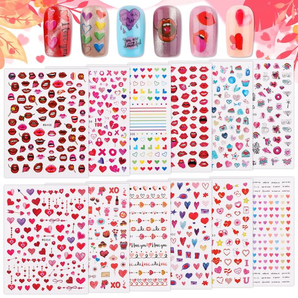 EBANKU 12 Sheets Valentines Nail Art Stickers,3D Self Adhesive Water Transfer Decals Sexy Lips Lipstick Heart Roses for Women Girl Dating Nail Art Decoration