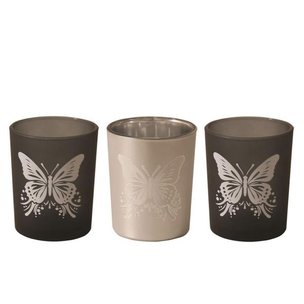 Aroma Black & Silver Butterfly 3 Tealight & Votive Holder Set