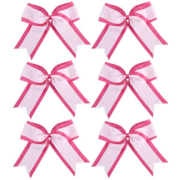 8 Inch 2 Colors Cheerleader Bows 2 Layers 6 Pcs Ponytail Holder Cheerleading Bows Hair Elastic Hair Tie (Hot pink/White)