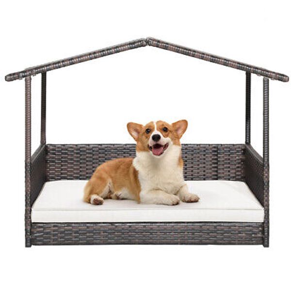 Rattan Dog House with Canopy Waterproof Cushion Cozy Pet Bed Outdoor