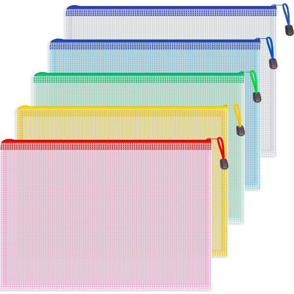 Koogel 5PCS A4 Plastic Wallets,Waterproof Mesh Zipper Pouch A4,Zip Lock Bags Document File Folder Bags for Travel,Office Supplies,School,Puzzle Games Storage