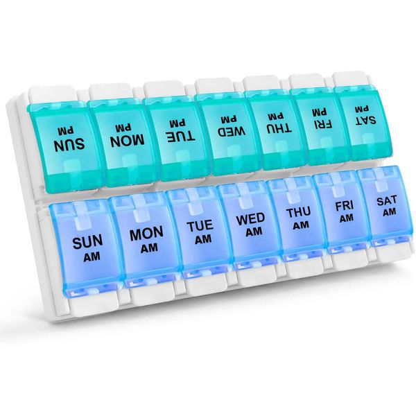 Sukuos AM PM Weekly 7 Day Pill Organizer, 2 Times A Day Pill Box with Arthritis Friendly Push Button, Medicine Cases for Vitamin/Fish Oil/Supplements, Easy to Clean