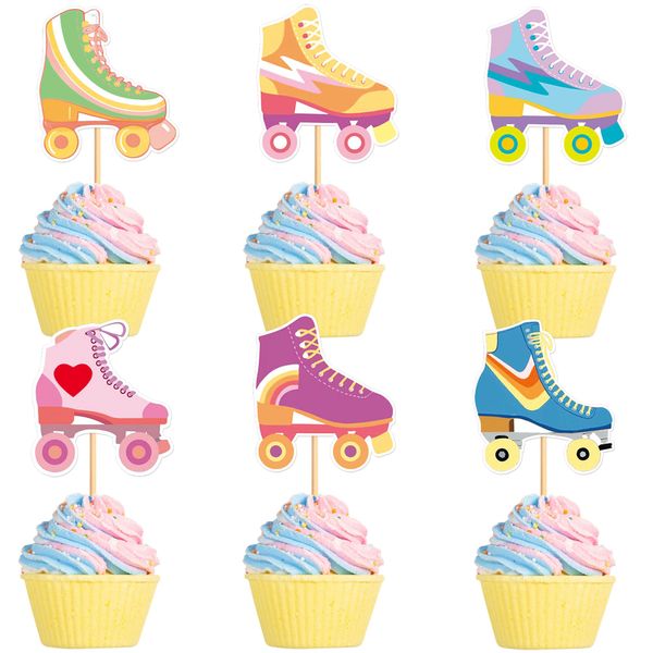 Blumomon 24 Pcs Roller Skating Shoes Cupcake Toppers Glitter Roller Skates Cupcake Decorations Picks Sport Skating Theme Birthday Party Cake Decorations Supplies