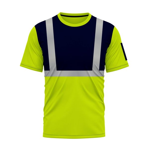 mymixtrendz Hi Viz Vis High Visibility T Shirts Dri Fit Short Sleeves Reflective Tape Safety Round Crew Neck Security Work Breathable Workwear Tops Yellow Navy