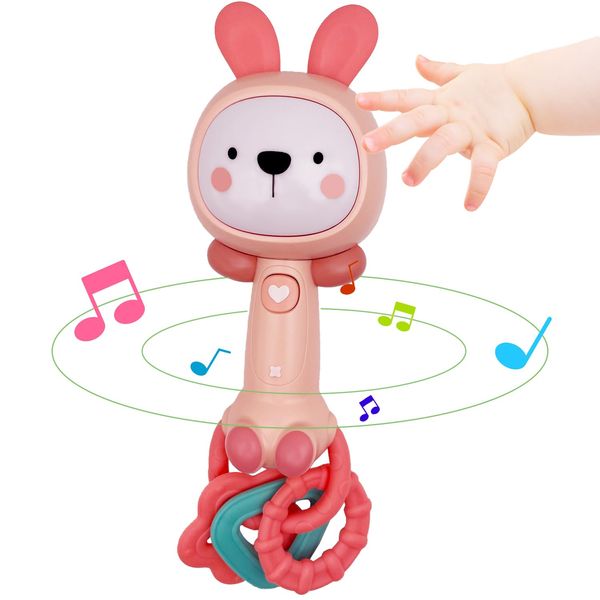 BIBEBRE Musical Rabbit Light-Up Toy and Teething Ring for Toddlers Sensory Chew and Fine Motor Skills Toy Baby Rattle and Teething Toys for 6 12 18 Month Babies (Rabbit)