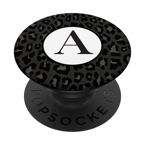 Monogram Letter A Initial Black Light Grey Leopard Print PopSockets Swappable PopGrip