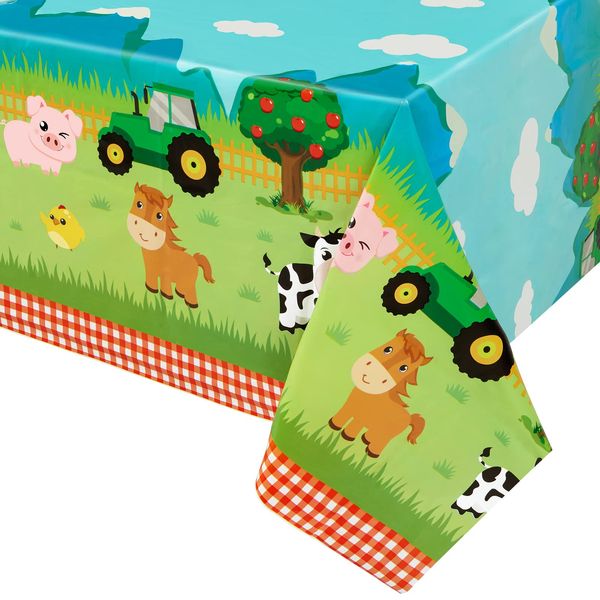 WERNNSAI Farm Animal Party Tablecloth - 1 Pack 137 x 274 cm Disposable Plastic Table Cover Farm Theme Party Supplies for Picnics Baby Shower Kids Boys Girls Birthday Party Decorations