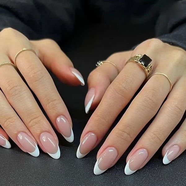 French Tip Press on Nails Medium, Almond Shape Fake Nails White Nail Tip Full Cover False Nails Glossy Acrylic Fake Nails French Press on Nails Nude Glue on Nails Medium Stick on Nails for Women Girls