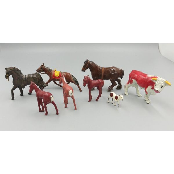 Vintage Metal Toy Horses and Cattle Lot of 8