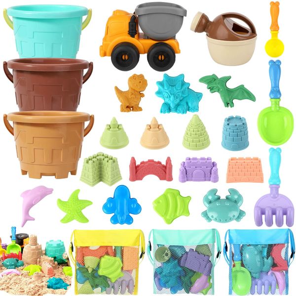 Beach Sand Toy - Sandbox Toys Shell Collecting Bag with Bucket Mesh Beach Bag for Boys and Girls(27PCS)