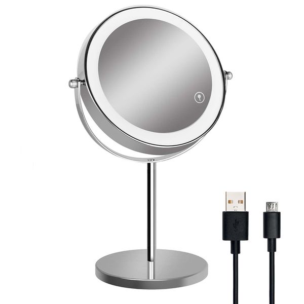 ARREBOL Magnifier, Actress Mirror, Tabletop Mirror, 8 Inches, Double-Sided Mirror, USB Rechargeable, 10x Magnifier, Makeup Mirror with LED Light, Stand Mirror, 7.9 inches (20 cm), Tabletop Mirror, Double-Sided Mirror, 10x and Equal Double Sided Mirror, 3 