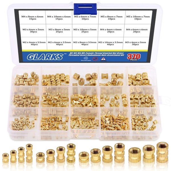 Glarks 370Pcs M2 M3 M4 M5 Female Thread Knurled Brass Threaded Insert Embedment Nut Assortment Kit for 3D Printing