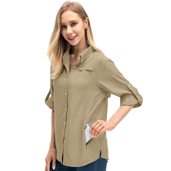 Women's Quick Dry Sun UV Protection Convertible Long Sleeve Shirts for Hiking Camping Fishing Sailing (5024 Dark Khaki M)