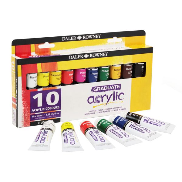 Daler-Rowney Graduate 38ml Acrylic Paint Set, 10 Assorted Colours, High Lightfastness, Water-Based, Solvent-Free, Ideal for Student Artists & Hobbyists