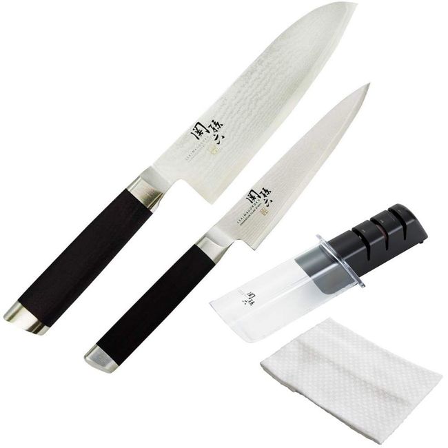 [Set] Kai Magoroku Seki Damascus Santoku Knife + Petty Knife + Sharpener + Dish Towel [AE-5200, AE-5202, AP-0308]