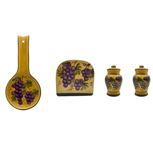 ACK Hand Painted Ceramic Tuscany Sonoma Grape Table Top Set, Pepper and Salt Shakers,Napkin Holder and Spoon Rest, Kitchen Décor