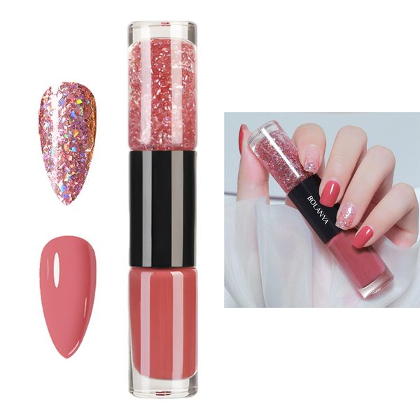 Pink Nail Polish Quick Dry, 2 in 1 Glitter Nail Polish Set, No Need Cure Nail Varnishes, Glossy Finish Long Lasting Easy to Apply, DIY Nail Art Manicure at Home Salon, Gift for Girls & Women