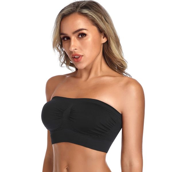 ANGOOL Bandeau Bra Seamless Non Padded Strapless Bra Boobtube Style Stretch Basic Layer Soft Bralette M Fit 32DD 36B 36C 38B 38C, Black