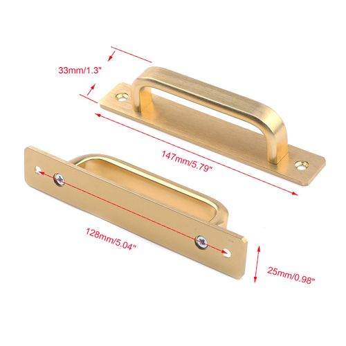 Semetall 5.79" Heavy Duty Antique Barn Door Handles Pull and Flush Hardware for Gate,Garage,Shed,2 Pack,5.04" Hole Center,Gold