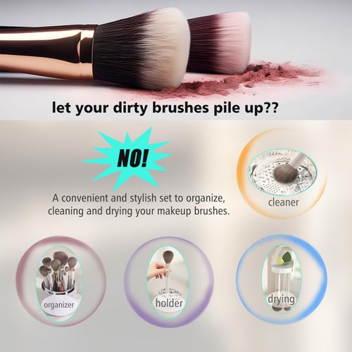 Rebex Makeup Brush Holder Organizer Cleaning Set,360° Rotating and Easy upside down Drying,for Cosmetics,Facial Brush,Art Supply, Bathroom Vanity Desktop Organizer.(White)