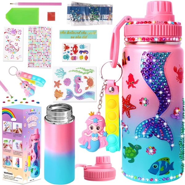 Wninbu Decorate Your Own Water Bottle Kits for Girls,Stainless Steel Mermaid Water Bottle Girls,Arts and Crafts Ages 4-6-8-10,Gem Art Mermaid Toys Gifts Birthday Christmas Stocking Stuffers (Mermaid)