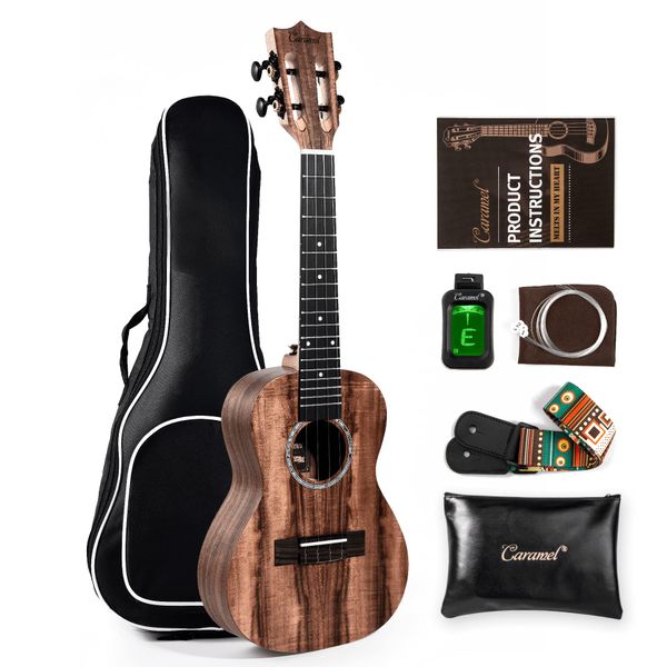 Caramel Concert Ukulele, CC207-23 inch KOA Acacia Wood Ukelele for Adults Beginners Kit with Carbon String, Digital Tuner, Strap