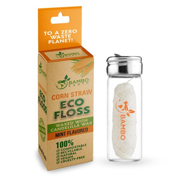 Biodegradable Mint Dental Tooth Lace Floss with Refillable & Reusable Glass Holder - 100% Organic Natural Cruelty-Free & Vegan Compostable Teeth Corn Spool Waxed with Candelilla Wax & Eco-Friendly